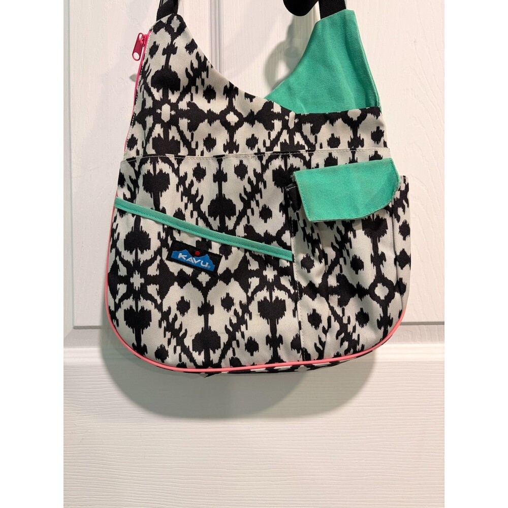 KAVU Sydney Satchel Crossbody Bag Ikat Tribal Canvas Hobo Purse Black Teal Pink